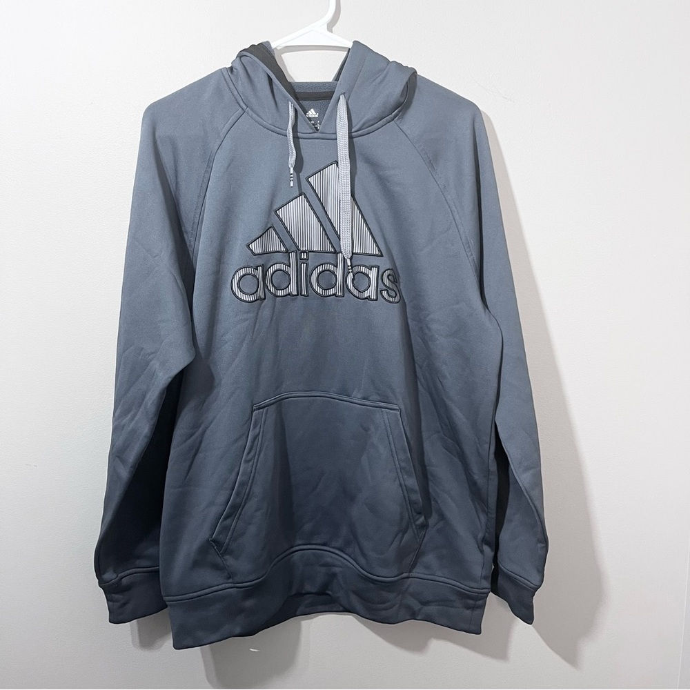 Adidas Mens Hoodie Large L Gray Fleece Pullover Big Logo Sweatshirt Athletic